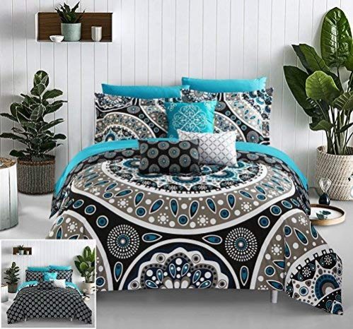 Chic Home Mornington Large Scale Contempo Bohemian Reversible Printed with Embroidered Details. King Bed in a Bag Comforter Set, Black