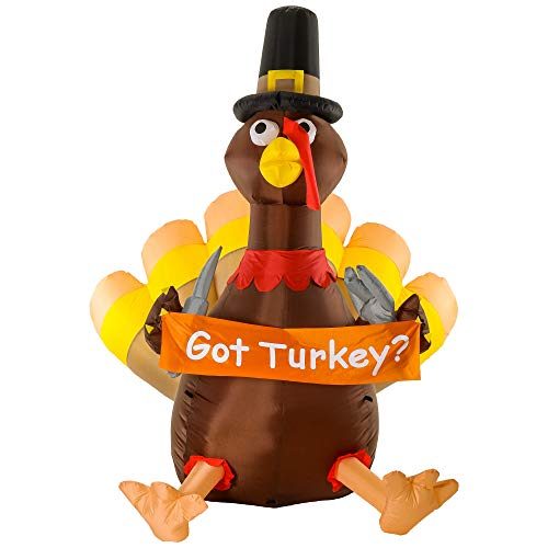 Christmas Masters Huge 7 Foot Inflatable Thanksgiving Turkey with Pilgrim Hat, Got Turkey Sign with Knife and Fork LED Lights...