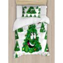 Christmas Twin Size Duvet Cover Set, Christmas Tree Cartoon with Star and Different Funny Face Expressions, Decorative 2 Piece Bedding...