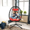Clearance! Hanging Wicker Egg Chair, Outdoor Patio Hanging Chairs with Stand, UV Resistant Hammock Chair with Comfortable Red Cushion, Durable...