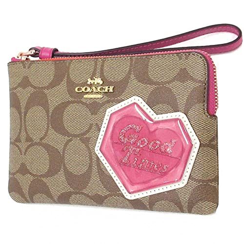 COACH WOMENS Corner Zip Wristlet In Canvas Leather (Khaki Multi With Disco Patches)