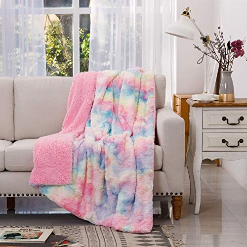 COCOPLAY W Faux Fur Throw Blanket, Super Soft Fuzzy Lightweight Luxurious Cozy Warm Fluffy Plush Sherpa Rose Pink Rainbow Microfiber...