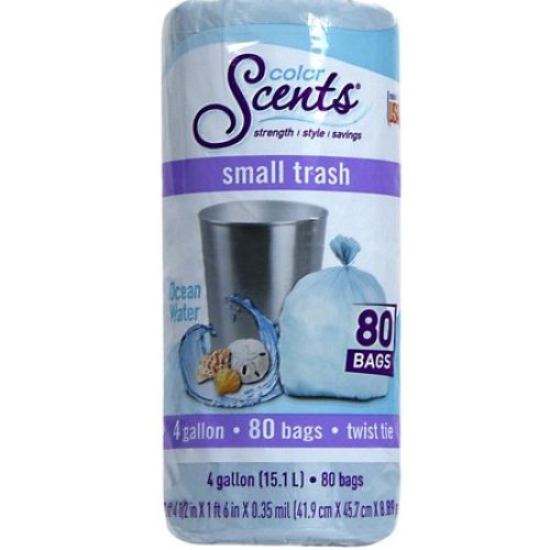 Color Scents Small Trash Bags, 4 Gallon, 80 Bags (Ocean Water Scent, Twist Tie)