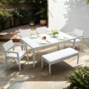 Contemporary 6PC Outdoor Dining Set - Modern Aluminum Patio Furniture with Sunbrella Fabric Cushioned Chairs Bench and Two-tone Table. Matte...