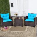 Costway 3 Pieces Patio Rattan Furniture Set Cushioned Conversation Set Sofa Turquoise
