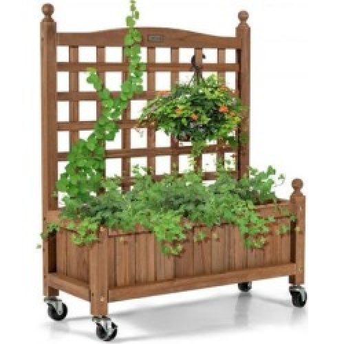 Costway 32in Wood Planter Box with Trellis Mobile Raised Bed for Climbing Plant