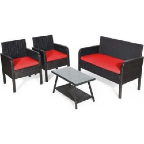 Costway 4Pcs Patio Rattan Wicker Furniture Set Conversation Sofa Bench Cushion-Red