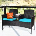 Costway Patio Rattan Conversation Set Seat Sofa Cushioned Loveseat Chairs Turquoise
