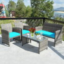 Costway 4PCS Patio Rattan Furniture Set Conversation Glass Table Top Cushioned Sofa Outdoor Turquoise