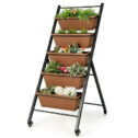 Costway 5-Tier Vertical Raised Garden Bed Elevated Planter with Wheels & Container Boxes Brown