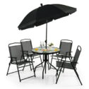 Costway 6 PCS Patio Dining Set Folding Chairs Glass Table Tilt Umbrella Garden Grey + Black