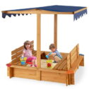 Costway Kids Wooden Sandbox w/ Canopy & 2 Bench Seats Bottom Liner for Outdoor