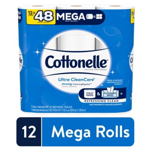 Cottonelle Ultra CleanCare Toilet Paper, 12 Mega Rolls (=48 Regular Rolls)