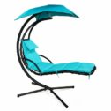 CozyBox Teal Hanging Curved Chaise Lounge Hammock Chair Swing Lounger with Cushion for Backyard, Patio w/ Pillow, Canopy, Steel Stand