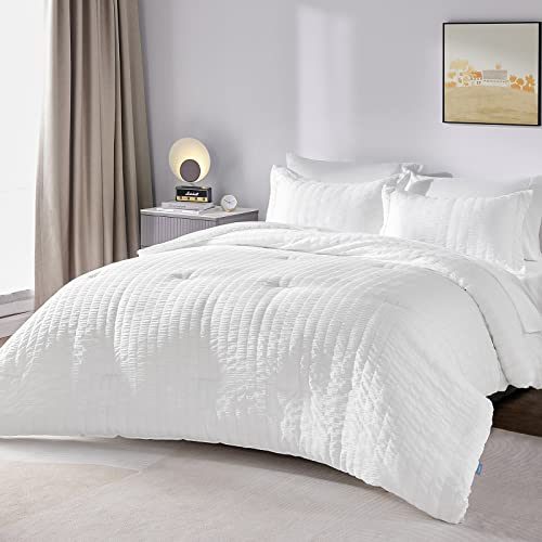 CozyLux Full/Queen Bed in a Bag White Seersucker Comforter Set with Sheets 7-Pieces All Season Bedding Sets with Comforter, Pillow...