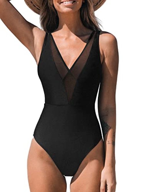 CUPSHE One Piece Swimsuit for Woman Bathing Suit Mesh V Neck Crossciss Fixed Wide Straps Mid Cut, M Black
