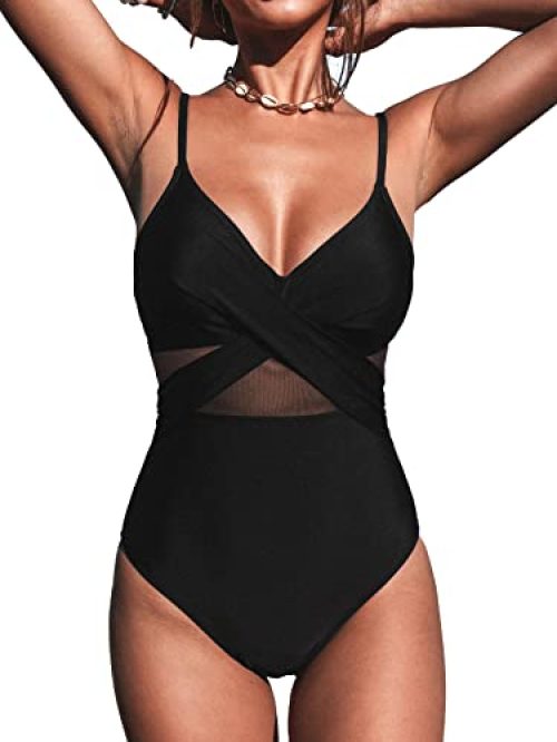 CUPSHE Women V Neck One Piece Swimsuit Wrapped Mesh Tummy Control Bathing Suit with Adjustable Spaghetti Straps, L Black