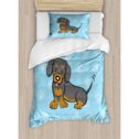 Dachshund Twin Size Duvet Cover Set, Puppy Cartoon with Happy Expression on Its Face Paw Print Background, Decorative 2 Piece...