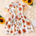Daqian Summer Girl Dinosaur Leopard Print Sunflower Skirt In Small Child Color Bump Button Short-sleeved Dress Big Girls Dresses Clearance...