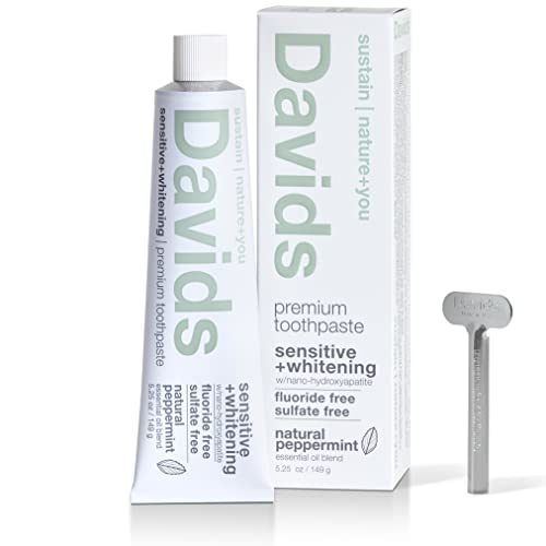 Davids Nano Hydroxyapatite Natural Toothpaste, Sensitive, Whitening, Enamel Health, Fluoride Free, SLS Free, Peppermint, 5.25 oz Metal Tube, Tube Roller...