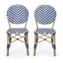 Deshler Outdoor Aluminum French Bistro Chairs (Set of 2), Navy Blue, White, and Bamboo Finish