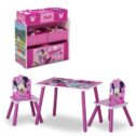 Disney Minnie Mouse 4-Piece Playroom Solution by Delta Children – Set Includes Table and 2 Chairs and 6-Bin Toy Organizer