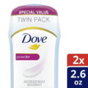 Dove Sweat and Odor Protection Women's Antiperspirant Deodorant Stick Twin Pack, Powder, 2.6 oz