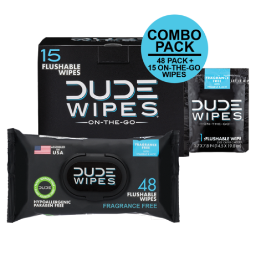 DUDE Wipes Flushable Wipes, Unscented, 48 Wet Wipes for At Home + 15 On-The-Go Wet Wipes