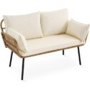 DWVO Loveseat Patio Sofa,All-Weather Wicker Loveseats Patio Sectional Furniture with Cushions & Lumbar Pillows - Beige