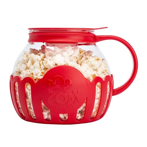 Ecolution Patented Microwave Micro-Pop Popcorn Popper, Borosilicate Glass, 3-in-1 Lid, Dishwasher Safe, BPA Free, 3 Quart Family Size, Red