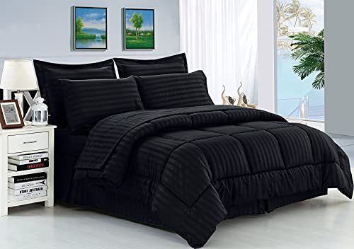Elegant Comfort Wrinkle Resistant - Silky Soft Dobby Stripe Bed-in-a-Bag 8-Piece Comforter Set - King Black