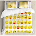 Emoji Duvet Cover Set King Size, Funny Yellow Heads Various Facial Expressions Round Shapes Happy Sad Laughing, Decorative 3 Piece...