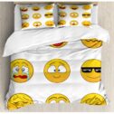 Emoji King Size Duvet Cover Set, Happy Smiley Angry Furious Sad Face Expressions with Glasses Moods Cartoon Like Print, Decorative...