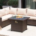 Erommy 32 Inch Outdoor Propane Fire Pit Table 50,000 BTU Gas Fire Pit Table Wicker PE Rattan with Glass Wind...