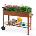 EXCITED WORK Brown Mobile Metal Raised Garden Bed, Outdoor/Indoor Garden Pots with Handles, Wheels and Shelves for Vegetables Flowers Fruits...