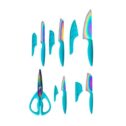 Farberware 11-piece Rainbow Iridescent Blades with Teal Handles and Sheath Titanium Cutlery Set