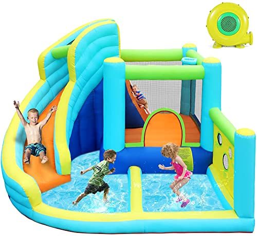 FBSPORT Inflatable Bounce House, Water Slide Park Slide Bouncer with Ball Shooting, Climbing Wall, Jumping and Splash Pool, Kids Bouncy...
