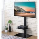 FITUEYES Modern Black Floor TV Stand for TVs up to 60” with Universal Swivel Mount, Space Saving for Corner Bedroom