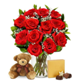 Mothers Day Flowers – One Dozen Red Roses with Chocolates & Teddy Bear with Glass Vase