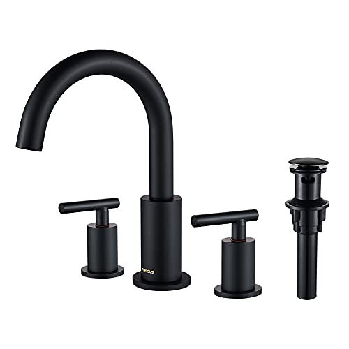FORIOUS Two Handle High Arc Widespread Bathroom Sink Faucet 3 Hole with Pop-Up Drain and Water Supply Lines, Matte Black