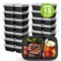 FOUKUS 2 Compartment Meal Prep Containers with Lids: 15 Pack Food Storage Containers, Plastic Lunch Box, 32 oz Bento Box-Black