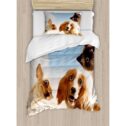 Funny Duvet Cover Set Twin Size, Cat and Dogs Domestic Home Pets Friends Cute Hilarious Expressions Sky Clouds Collage, Decorative...