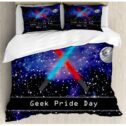 Galaxy Queen Size Duvet Cover Set, Gift for Geek Pride Day May 25 Two Crossed Swords Stars Galaxy Wars Pattern,...
