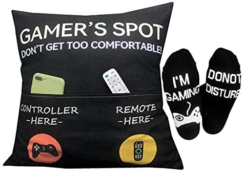 Gamer Gifts for Gamers, Pocket Design Throw Pillow Covers 18 x 18 Inch + Gamer Socks, Gaming Room Décor Stocking...