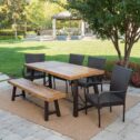 Garrett Outdoor 6 Piece Acacia Wood Dining Set with Wicker Stacking Chairs, Teak Finish, Multibrown