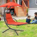 GARTIO Patio Hanging Curved Chaise Lounge Chair Swing with Removable Canopy, Pillow, Stand, 265 lbs - Orange