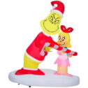 Gemmy Airblown Inflatable Grinch Passing Out Candy Canes to Cindy Lou Scene Dr. Seuss, 5.5 ft Tall