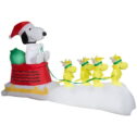 Gemmy Christmas Airblown Inflatable Snoopy in Dog Bowl Sleigh w/Woodstocks Scene Peanuts, 5 ft Tall