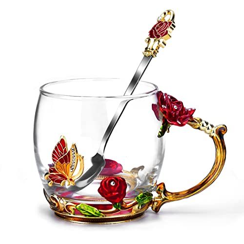 Gifts for Mom Women Mothers Day Glass Coffee Enamels Mug Best Birthday Butterfly Rose Gifts for Her from Daughter Son...