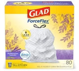 Glad ForceFlex Tall Kitchen Drawstring Trash Bags 13 Gallon White Trash Bag, Mediterranean Lavender scent with Febreze Freshness 80 Count (Package May Vary) Subscribe And Save